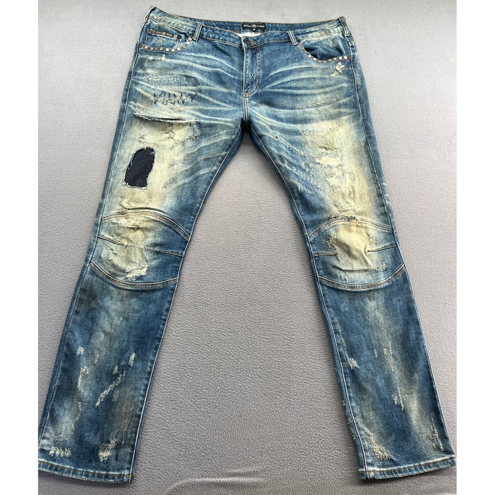 Michael Cherry Jeans Mens Sz 40x35 Designer Studded Distressed Moto Style Blue